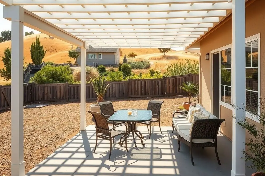 White aluminum lattice patio cover on square posts attached to a beige stucco house; the sun through the open lattice throws a grid of light and shade over the concrete patio, a glass-top table, chairs and a cushioned bench, with golden grass hills beyond the fence.